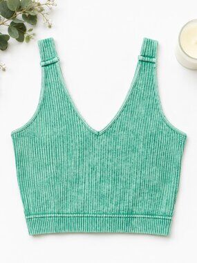 NEW Zenana Washed Ribbed Padded Brami Kelly Green Size S/M